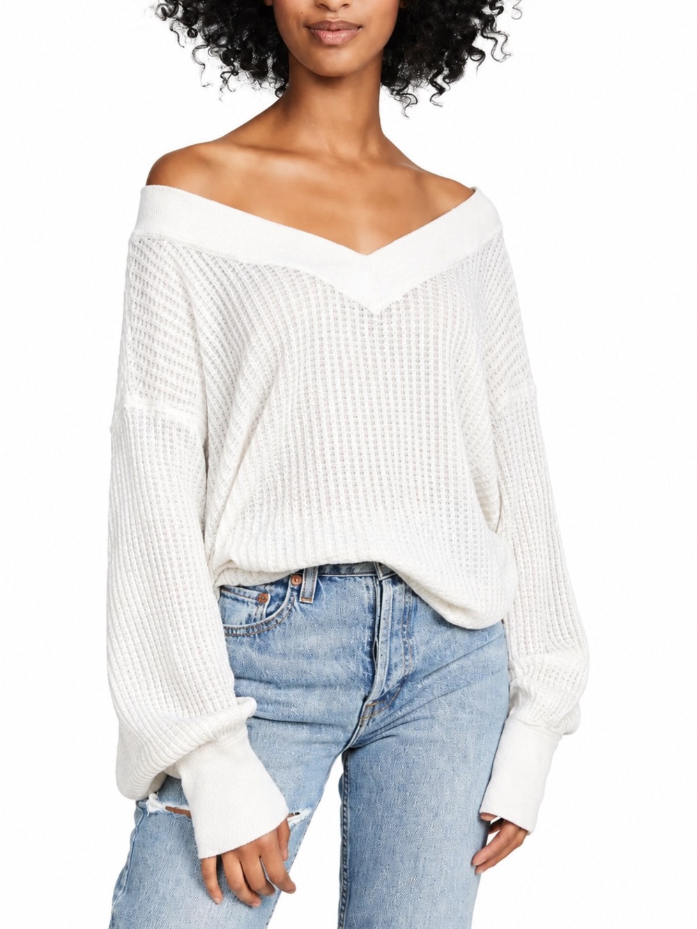 Free People South Side Off-Shoulder White Knit Women's Sweater Thermal Top Boho